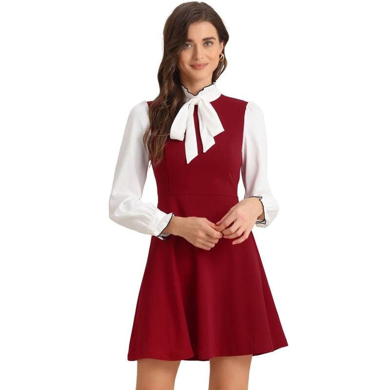 アレグラ ケー レディース トップス ワンピース フリル コントラスト ALLEGRA K Women's Elegant Contrast Ruffle Stand Collar Bow Tie Office Dress Red レッド
