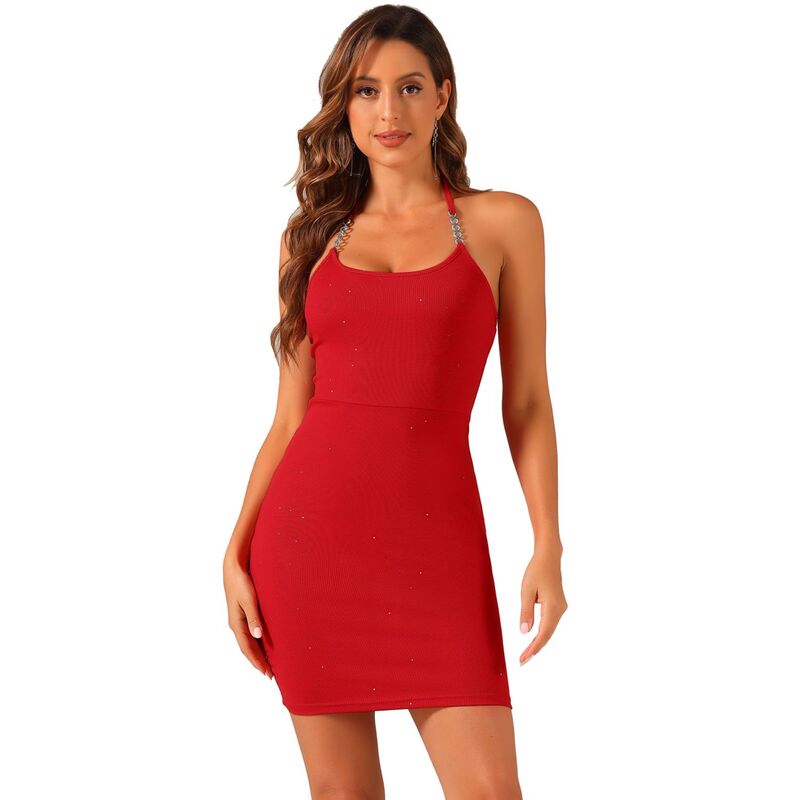 アレグラ ケー レディース トップス ワンピース トール ノースリーブ ホルター ALLEGRA K Halter Party Dress For Women'sleeveless Gilding Metallic Shiny Dots Pencil Dresses Red レッド
