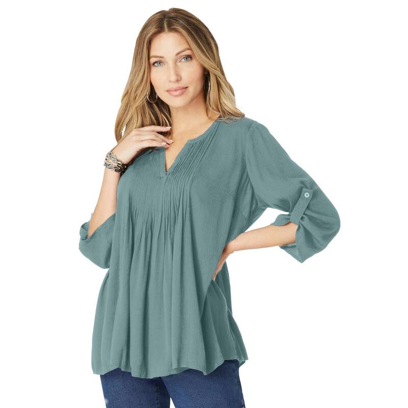 ロアマンズ レディース トップス シャツ プラスサイズ Roaman's Women's Plusize Hand Crinkled Tara Shirt Cool Sage セージ
