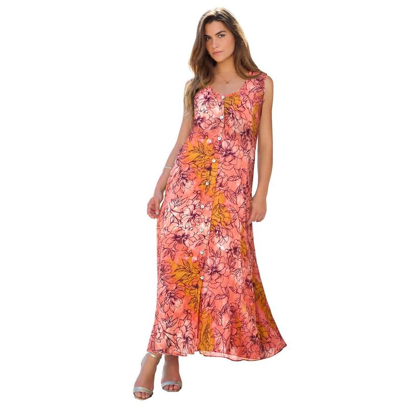 ロアマンズ レディース トップス ワンピース A ライン プラスサイズ マキシ Roaman's Women's Plusize Sleveless Hand-Crinkled Button-Front A-Line Maxi Curvy Breezy Dress Coral Tie Dye Floral コーラル|ReVida 店
