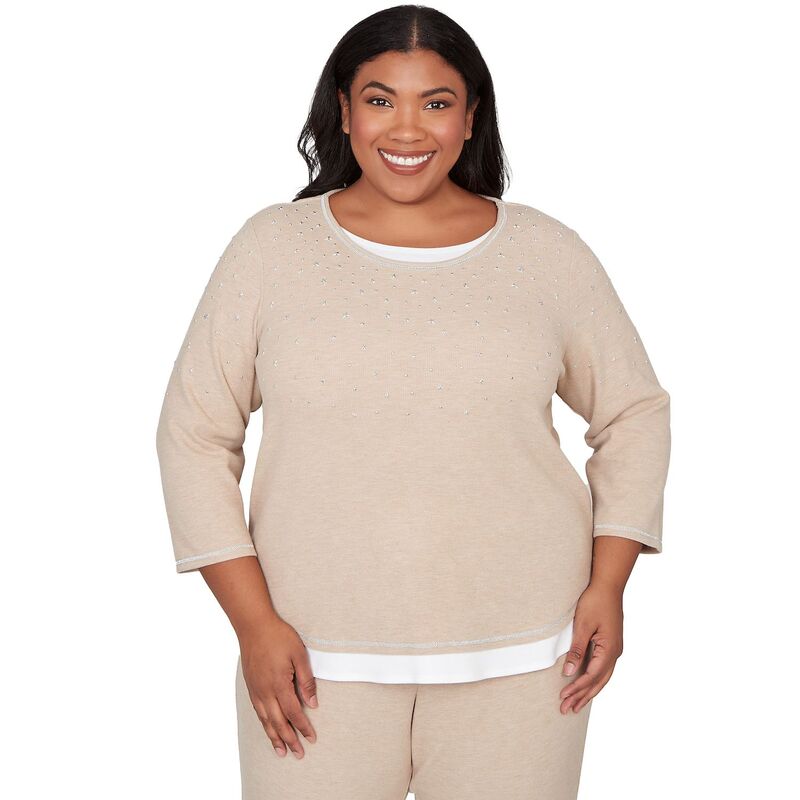 アルフレッド ダナー レディース トップス Tシャツ クルーネック プラスサイズ Plusize Alfredunner Embellished Layered Hem Crew Neck Top Fawn