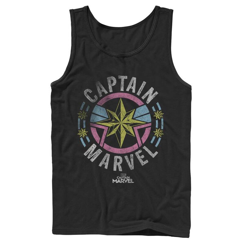 アニメ人となり メンズ トップス ティーシャツ 鳥打ち帽 Licensed Character Men\u0027s Captain Marvel Retro Badge Tank Top Black 黒いこと Tシャツ・カットソー-トップス-メンズファッション
