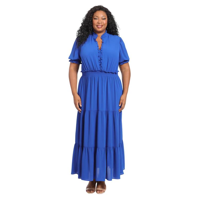 英国の首都タイムス レディース トップス 衣装 つけ加える大きさ フラウンス マキシ Plusize London Timesmock Puff Sleeve Ruffle Neck Maxi Dress Azure