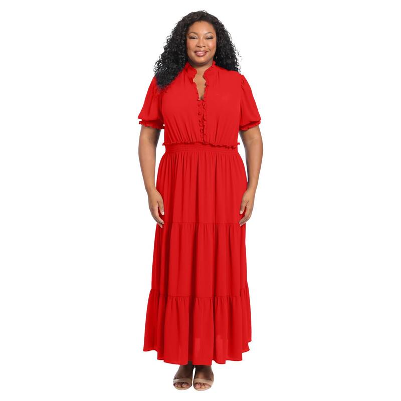 英国の首都タイムス レディース トップス 衣装 つけ加える大きさ フラウンス マキシ Plusize London Timesmock Puff Sleeve Ruffle Neck Maxi Dress Red 赤いこと