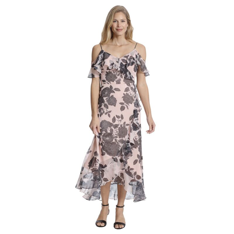ロンドンタイムス レディース トップス ワンピース マキシ Women's London Times Cold Shoulder Faux-Wrap Maxi Dress Blush Black ブラック