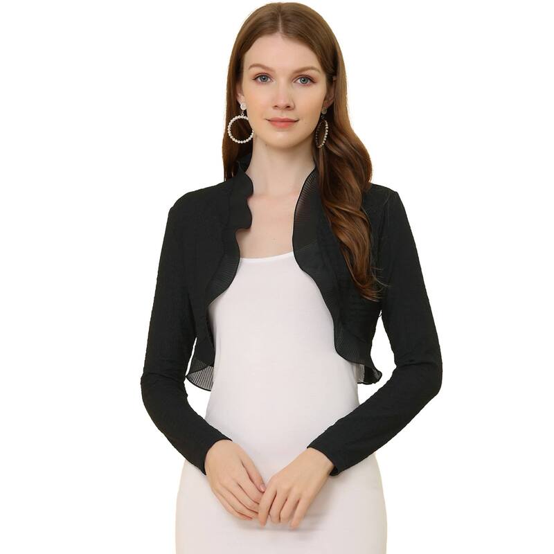 アレグラ ケー レディース トップス シャツ フリル ALLEGRA K Women's Elegant Crop Shrugs Long Sleeve Textured Open Front Ruffle Bolero Shrug Black ブラック