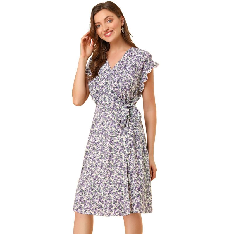 アレグラ ケー レディース トップス ワンピース Vネック フラワー柄 フリル ミディ フラワー ALLEGRA K Women's Floral V Neck Ruffled Flutter Sleeve Belt Wrap Midi Dress Beige Purple Floral パープル|ReVida 店