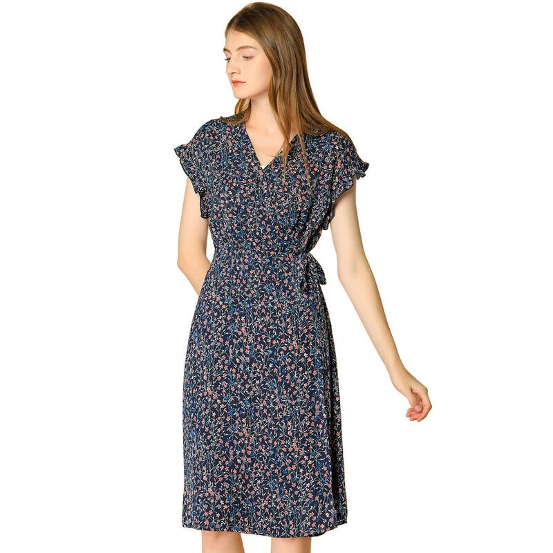 アレグラ ケー レディース トップス 衣裳 V首っ玉 御花柄 フラウンス midi 御花 ALLEGRA K Women\u0027s Floral V Neck Ruffled Flutter Sleeve Belt Wrap Midi Dress Blue 青色