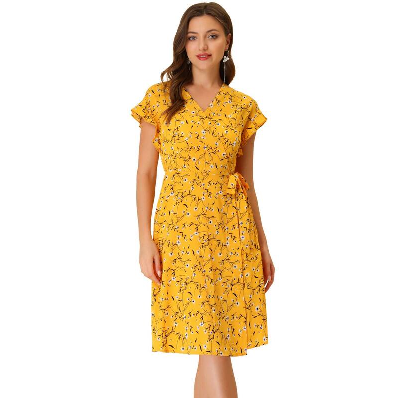 アレグラ ケー レディース トップス ワンピース Vネック フラワー柄 フリル ミディ フラワー ALLEGRA K Women Floral V Neck Ruffled Flutter Sleeve Belt Wrap Midi Dress Yellow イエロー