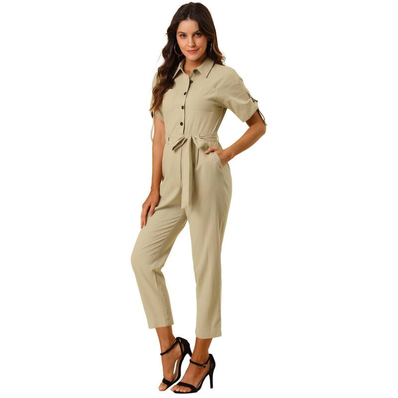 アレグラ ケー レディース トップス 衣装 ロンパース 打ち倒す 飛び降りる背広 ALLEGRA K Women\u0027s Romper Turndown Collar Button up Tie Waist Cargo Jumpsuit Khaki カーキ ワンピース-レディースファッション
