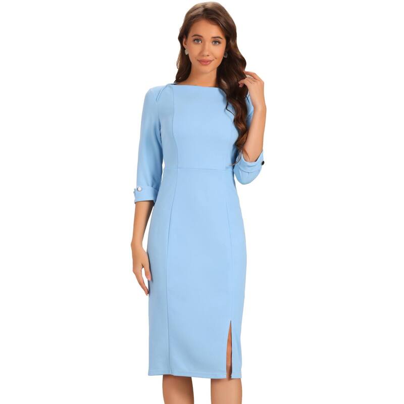 アレグラ ケー レディース トップス ワンピース ミディ ALLEGRA K Women's Elegant Boat Neck 3/4 Sleeves Wear To Work Midi Split Sheath Dressky Blue ブルー