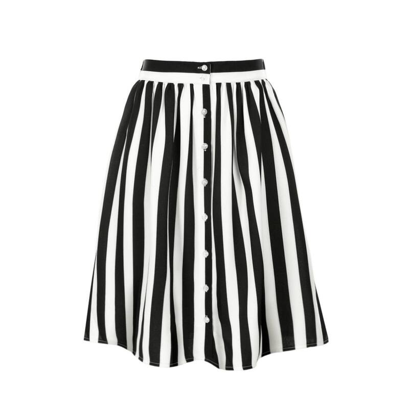 アレグラ ケー レディース ボトムスカート A ライン ミディ ALLEGRA K Women'stripes Button Front Elastic Back A Line Midi Skirt White Black ホワイト