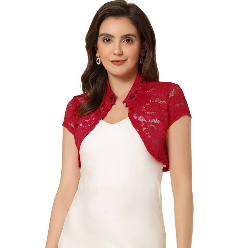 アレグラ ケー レディース アウター ニット・セーター カーディガン レース ALLEGRA K Women's Lace Cardigan Stand Collar Short Elegant Shrug Red レッド|ReVida 店
