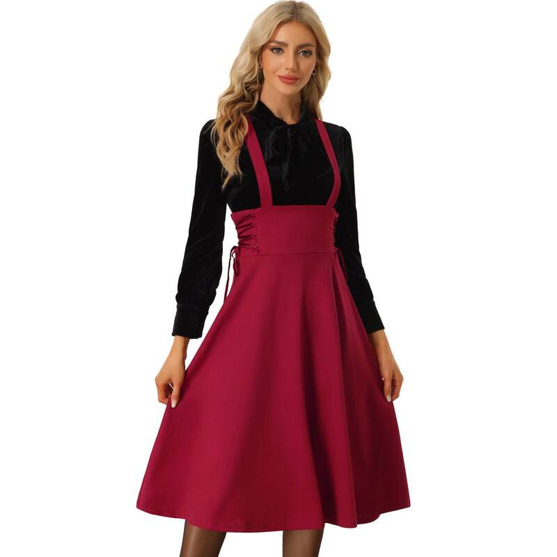 アレグラ ケー レディース ボトムスカート ミディ レース ALLEGRA K Brace Skirts For Women\'s High Waisted Lace Up Midi Suspender Skirt 1 Red レッド