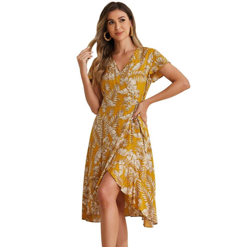 アレグラ ケー レディース トップス ワンピース フラワー柄 ミディ フラワー ALLEGRA K Women's Midi Wrap Summer Tropical Floral Dress Yellow イエロー