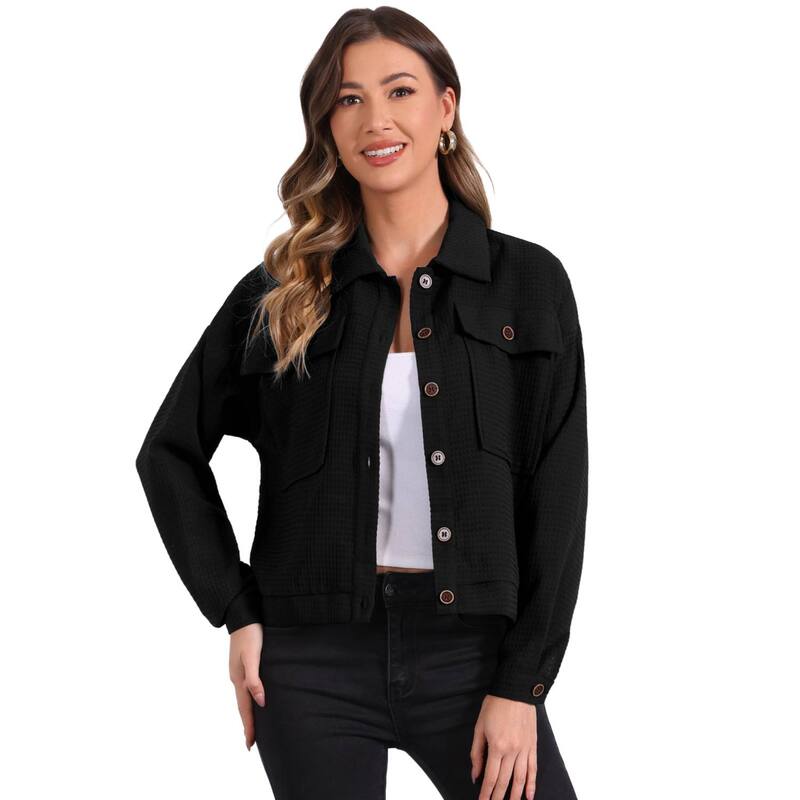 アレグラ ケー レディース アウター 上衣・上衣 落っこちる肩先 プルオーバー ALLEGRA K Women\u0027s Waffle Shacket Jacket Drop Shoulder Pocket Collared Shirt Jackets Black 黒いこと