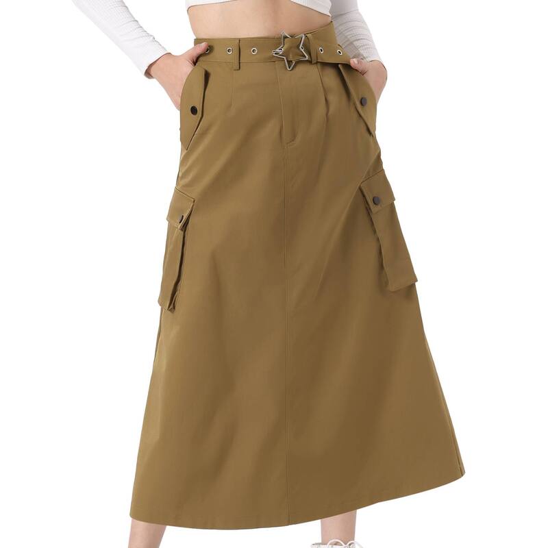 アレグラ ケー レディース ボトムスカート ミディ ALLEGRA K Midi Cargo Skirt Woman\'s Trendy2K Skirts Zip High Waisted Straight Long Skirt with Pockets Brown ブラウン