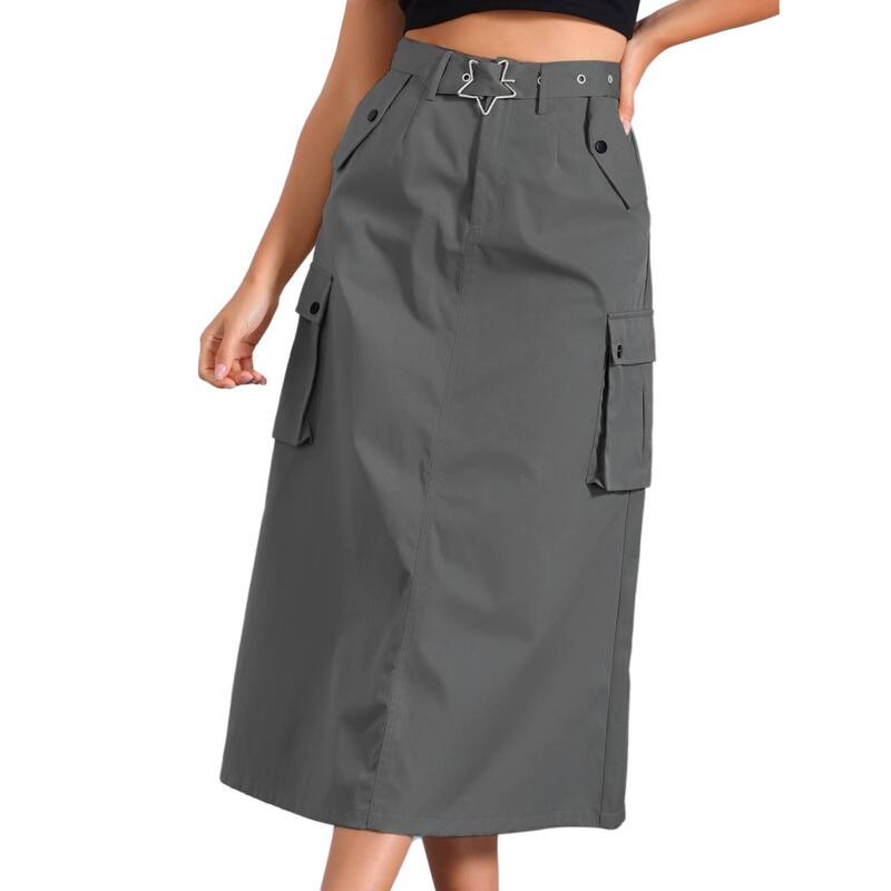 アレグラ ケー レディース ボトムスカート ミディ ALLEGRA K Midi Cargo Skirt Woman\'s Trendy2K Skirts Zip High Waisted Straight Long Skirt with Pockets Gray グレー