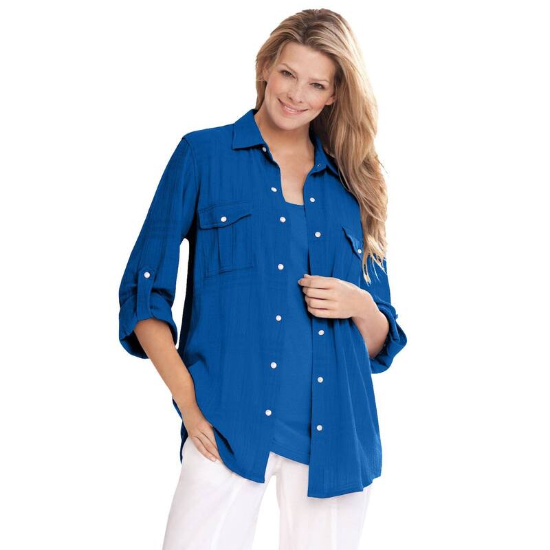 ウーマン ウィズイン レディース トップス シャツ プラスサイズ コットン Woman Within Plusize Cotton Gauze Bigshirt Bright Cobalt コバルト