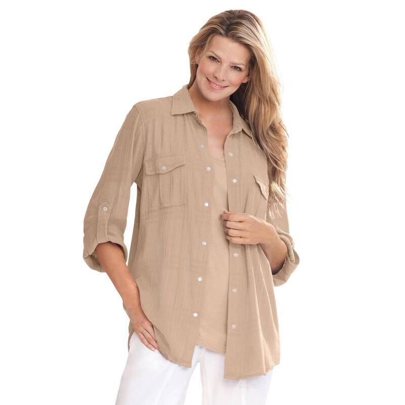 ウーマン ウィズイン レディース トップス シャツ プラスサイズ コットン Woman Within Plusize Cotton Gauze Bigshirt New Khaki カーキ