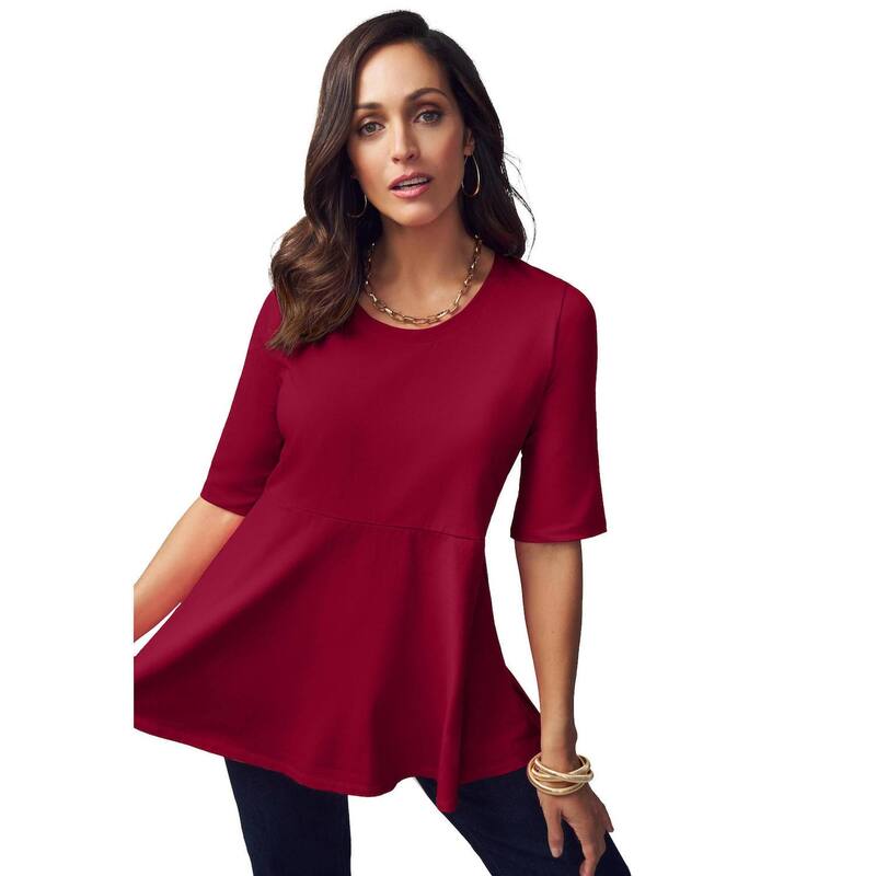 ジェシカロンドン レディース トップス Tシャツ プラスサイズ コットン Jessica London Women's Plusize Stretch Cotton Peplum Tunic Rich Burgundy バーガンディ|ReVida 店