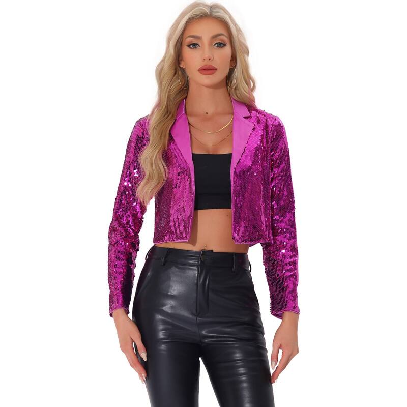 アレグラ ケー レディース アウター 上衣・上衣 スパンコール ジレー スポーツジャケット ALLEGRA K Sequin Jacket For Women\u0027s Party Lapel Collar Open Front Crop Sparkle Blazer Cardigan Hot Pink サクラ色