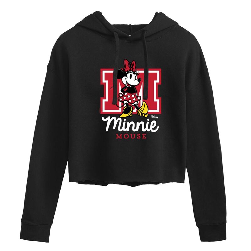 ディズニー レディース アウター パーカー・スウェット クロップド Disney's Minnie Mouse Juniors' Collegiate Cropped Hoodie Black ブラック