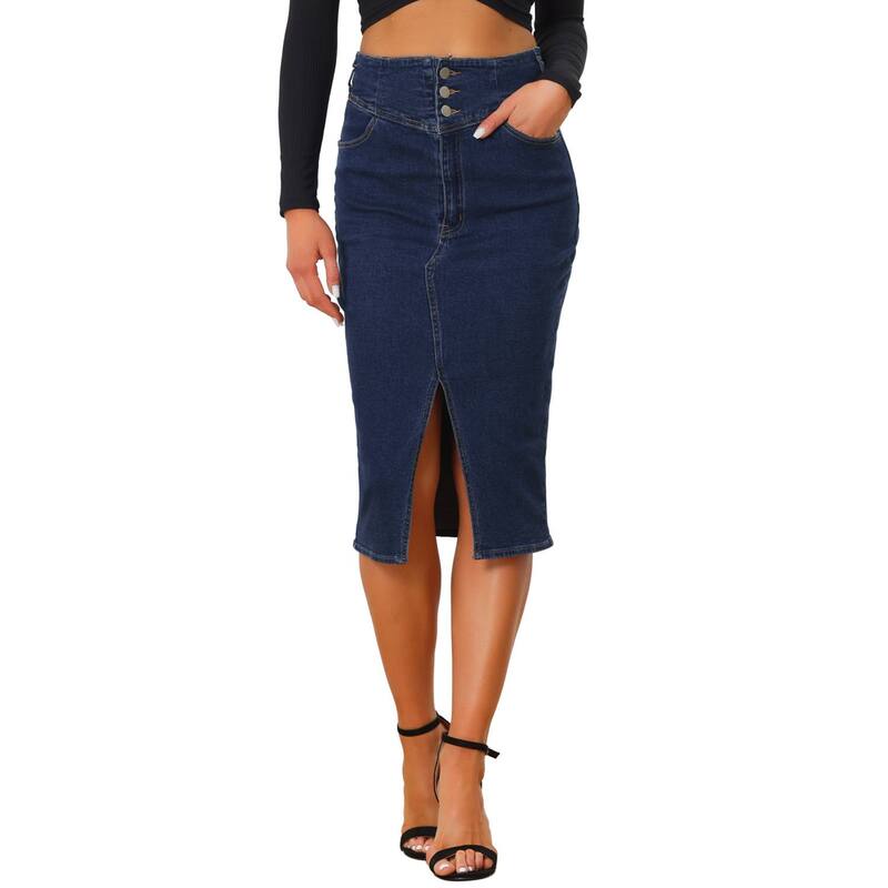 アレグラ ケー レディース ボトムスカート ハイウエスト ミディ デニム ALLEGRA K Casual Denim Skirt For Women's High Waist Split Hemidi Jean Pencil Skirts Dark Blue ブルー