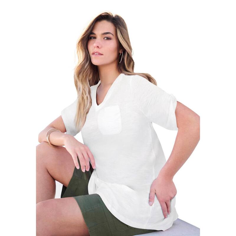 ロアマンズ レディース トップス Tシャツ Vネック プラスサイズ Roaman's Women's Plusize Slub V-Neck Boyfriend Tunic Top White ホワイト｜ReVida 店