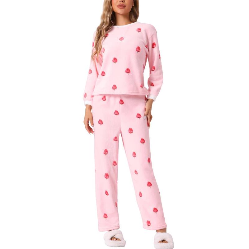 cheibear レディース アンダーウェア ナイトウェア プラスサイズ パンツ フリース cheibear Women's Heart Star Warm Plush Fleece Top and Pants Pajamaset Strawberry Pink ピンク