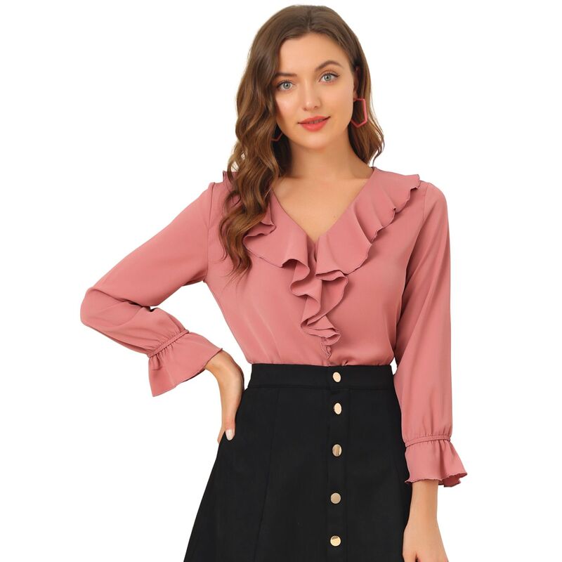 アレグラ ケー レディース トップス シャツ Vネック シフォン フリル ブラウス ALLEGRA K Women's Peasant Blouse Ruffle V Neck Elegant Chiffon Blouse Top Dark Pink ピンク