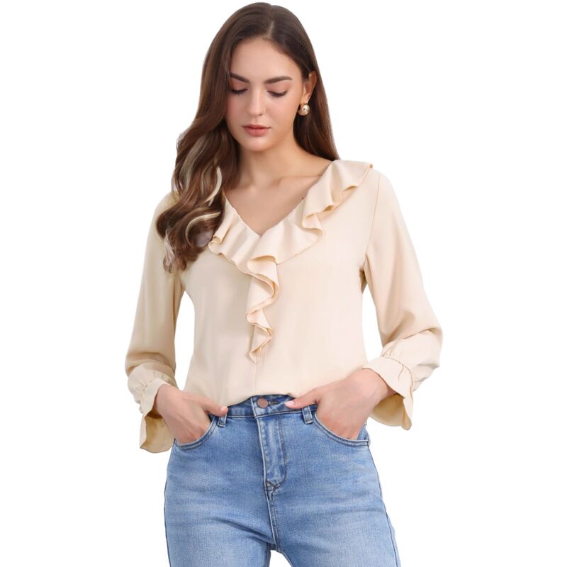アレグラ ケー レディース トップス シャツ Vネック シフォン フリル ブラウス ALLEGRA K Women's Peasant Blouse Ruffle V Neck Elegant Chiffon Blouse Top Light Beige ベージュ