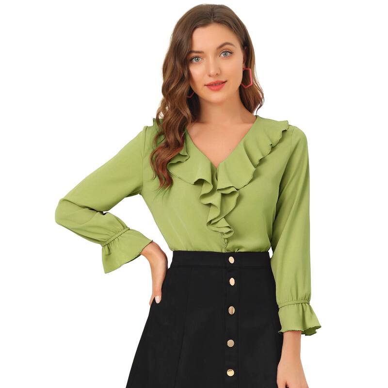 アレグラ ケー レディース トップス シャツ Vネック シフォン フリル ブラウス ALLEGRA K Women's Peasant Blouse Ruffle V Neck Elegant Chiffon Blouse Topea Green グリーン