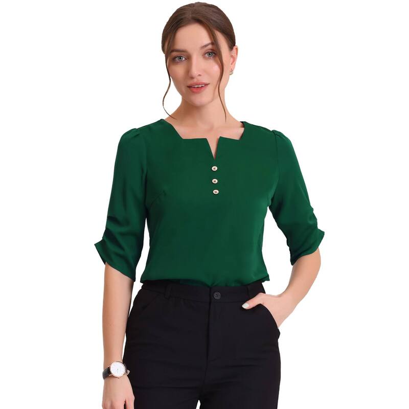 アレグラ ケー レディース トップス シャツ プリーツ ALLEGRA K Women'square Neck Pleated Short Sleeve Office Work Top Dark Green グリーン|ReVida 店