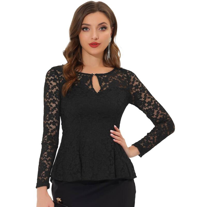 アレグラ ケー レディース トップス シャツ シアー ブラウス レース ALLEGRA K Women Lace Tops Keyhole Front Peplum Hem Sheer Long Sleeve Blouse Black ブラック