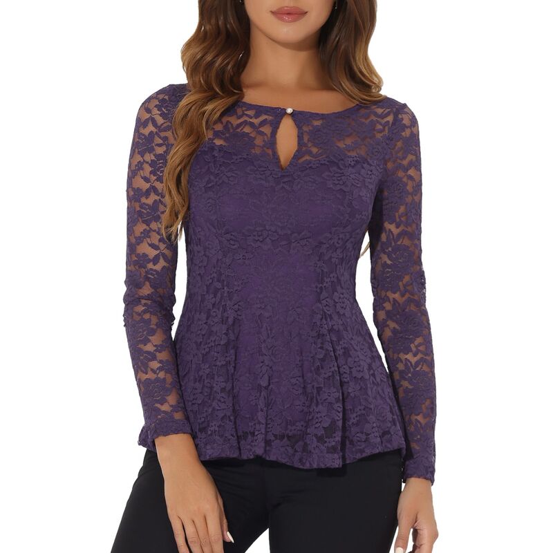 アレグラ ケー レディース トップス シャツ シアー ブラウス レース ALLEGRA K Women Lace Tops Keyhole Front Peplum Hem Sheer Long Sleeve Blouse Purple パープル