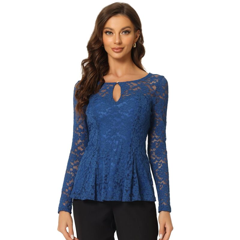 アレグラ ケー レディース トップス シャツ シアー ブラウス レース ALLEGRA K Women's Lace Tops Keyhole Front Peplum Hem Sheer Long Sleeve Blouse Royal Blue ブルー