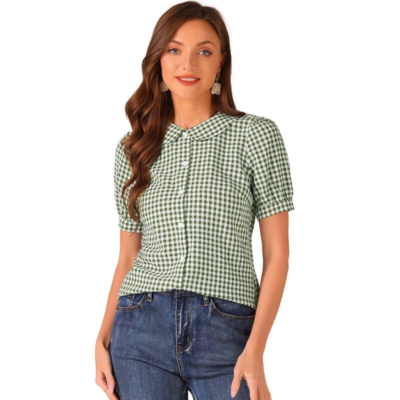 アレグラ ケー レディース トップス シャツ ボタンダウン ALLEGRA K Women's Plaid Button Down Puffy Short Sleeve Peter Pan Collar Shirt Green グリーン