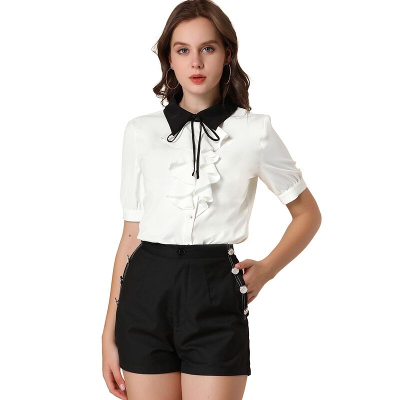 アレグラ ケー レディース トップス シャツ フリル コントラスト ALLEGRA K Women Contrast Collar Tie Ruffle Front Button Short Sleeve Work Shirt White ホワイト