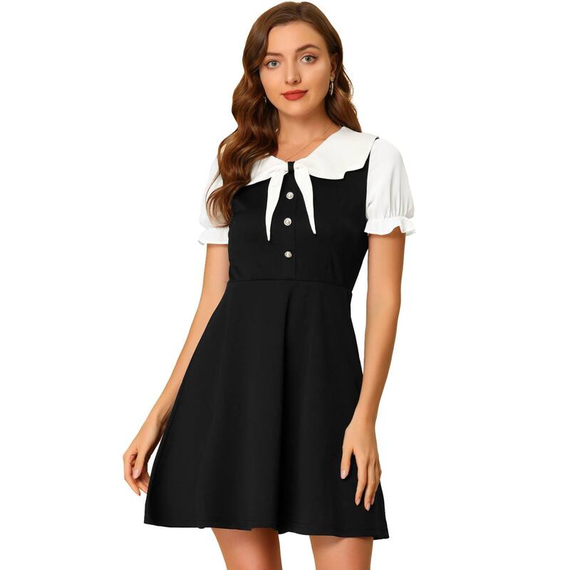 アレグラ ケー レディース トップス ワンピース A ライン ミニ ALLEGRA K Women's Peter Pan Collar Dresseshort Sleeve A-line Mini Dress Black ブラック|ReVida 店