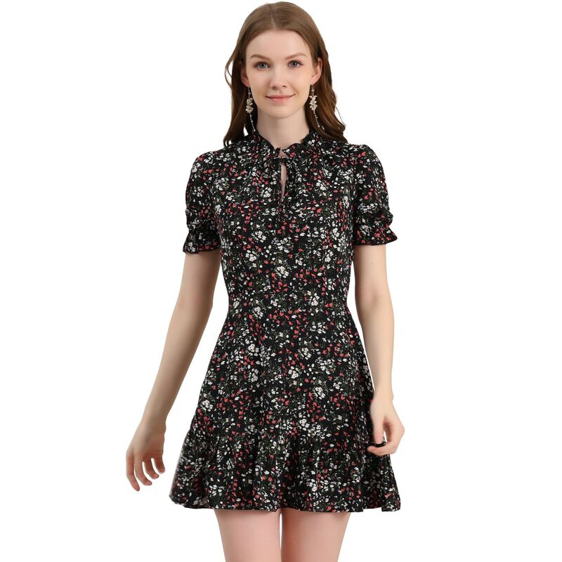 アレグラ ケー レディース トップス ワンピース シフォン フラワー柄 フリル フラワー ALLEGRA K Women Ruffle Floral Bow Tie Chiffon Short Sleeve Fit \u0026 Flare Dress Black White ホワイト