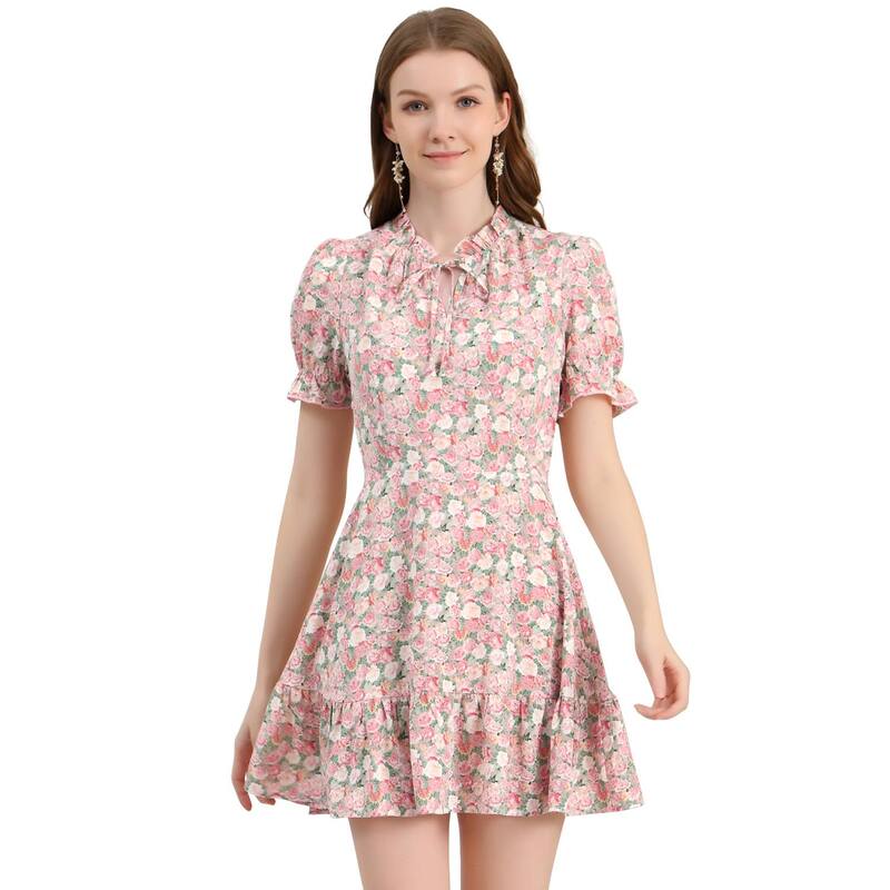 アレグラ ケー レディース トップス ワンピース シフォン フラワー柄 フリル フラワー ALLEGRA K Women Ruffle Floral Bow Tie Chiffon Short Sleeve Fit \u0026 Flare Dress Pink White ホワイト