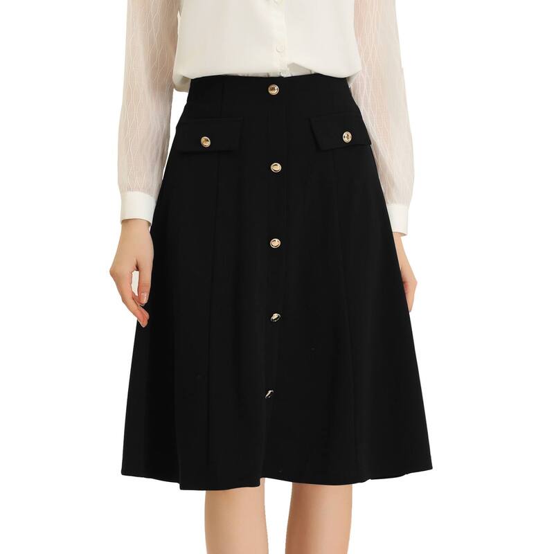 アレグラ ケー レディース 下つ方スコート A 伝達ルート midi ALLEGRA K Women\u0027s Button Front Formal Work A-Line Midi Skirts Black 黒いこと スカート-ボトムス