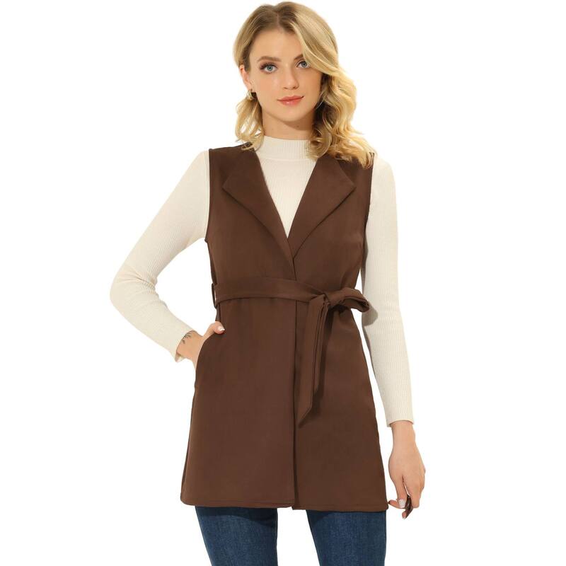 アレグラ ケー レディース アウター 上衣・上衣 限りない スエードクロス ノースリーブなめし革 ALLEGRA K Women\u0027s Faux Suede Sleeveless Belt Waist Open Front Long Vest Blazer Brown 赤銅色 コート・ジャケット-レディースファッション