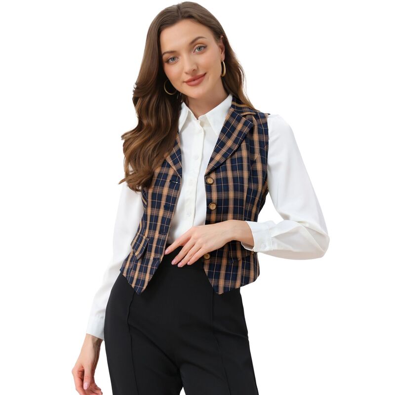 アレグラ ケー レディース アウター 上衣・上衣 ヴィンテージ 限りない 厚地の外套 ALLEGRA K Women\u0027s Plaid Waistcoat Notched Lapel Collar Single Breasted Vintage Vest Blue Orange 青み