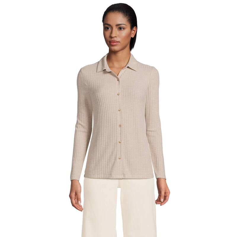 ランズ挙げ句の果て レディース トップス プルオーバー スポーツシャツ 肋筋 長袖 Women\u0027s Lands\u0027 End Long-Sleeve Ribbed Button-Front Polo Top Softan Heather ギョリュウモドキ