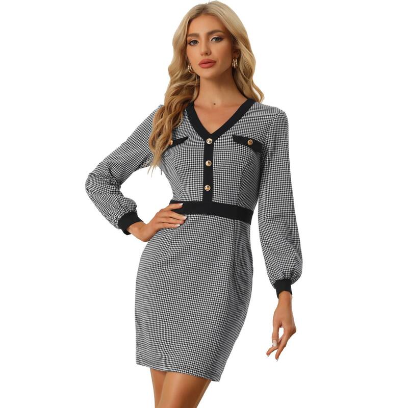 アレグラ ケー レディース トップス ワンピース Vネック ALLEGRA K Houndstooth Dress For Women's V Neck Long Sleeves Elegant Sheath Dresses Black ブラック