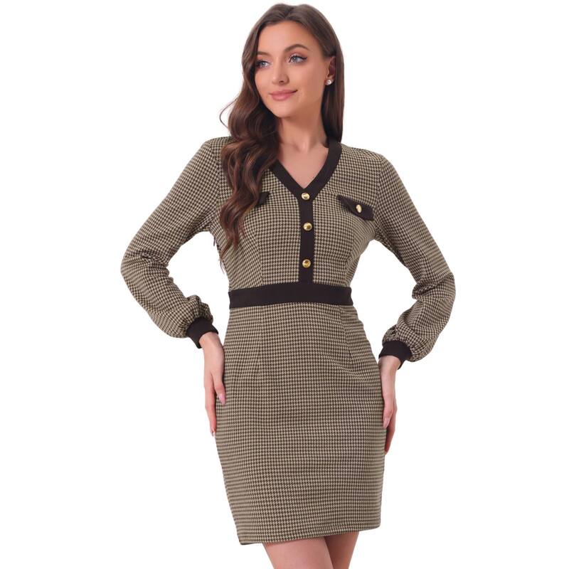 アレグラ ケー レディース トップス ワンピース Vネック ALLEGRA K Houndstooth Dress For Women's V Neck Long Sleeves Elegant Sheath Dresses Brown ブラウン
