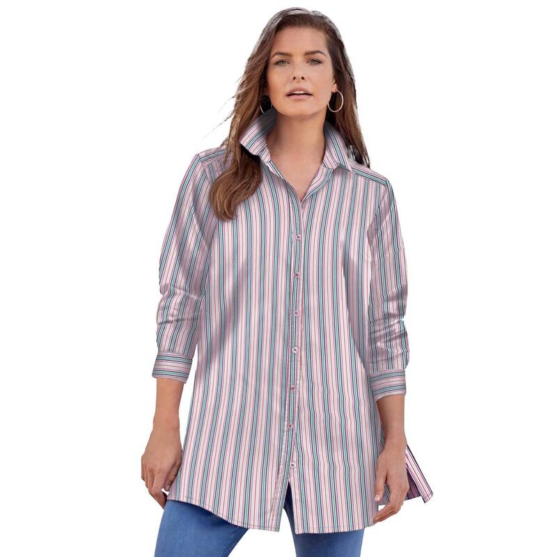 ロアマンズ レディース トップス Tシャツ プラスサイズ コットン 長袖 Roaman's Women's Plusize Kate Long-Sleeve Crisp Cotton-Blend Button-Frontunic Pink Multi Stripe ピンク|ReVida 店