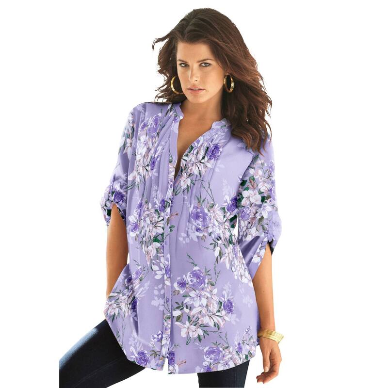 ロアマンズ レディース トップス プルオーバー 御花柄 足し加える大きさ 御花 Roaman\u0027s Women\u0027s Plusize Floral Y-Neck Pintuck Tunic Adjustable Long Sleeve Button-Front Lavenderomantic Rose ラベンダー